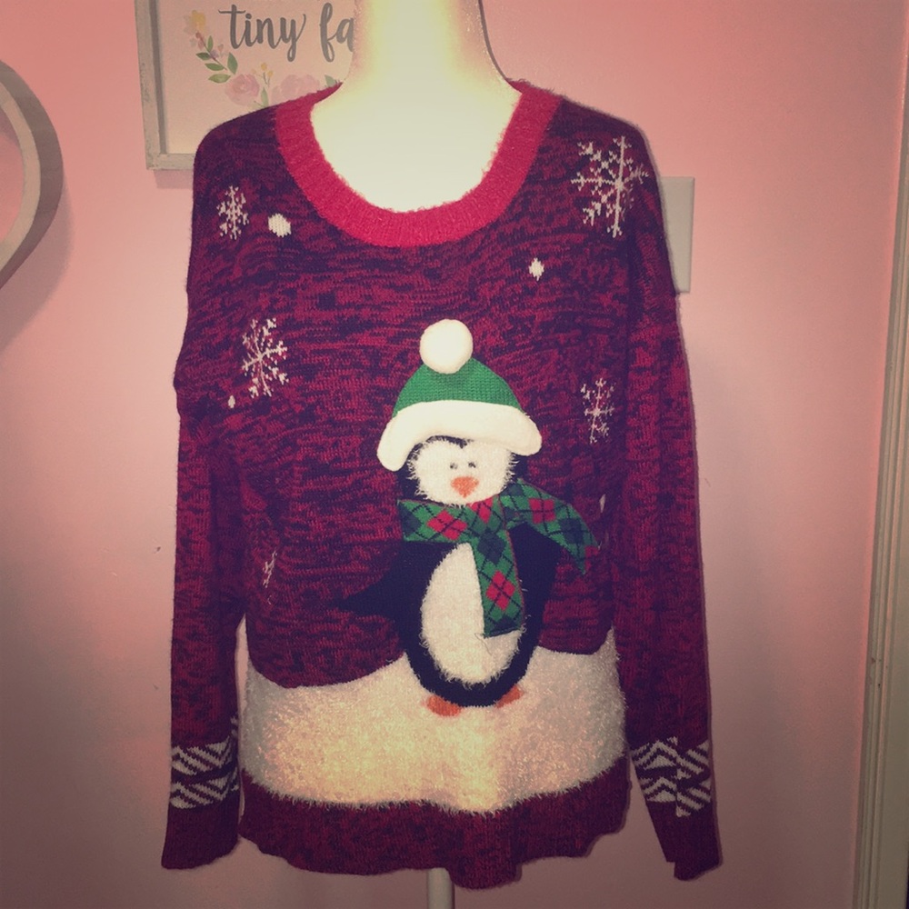 Red and green penguin ugly Christmas sweater L